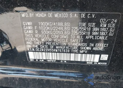 2024 Honda Hr-V Awd Sport/Awd Sport W/O Bsi из США, поврежденный, VIN 3CZRZ2H55RM767839